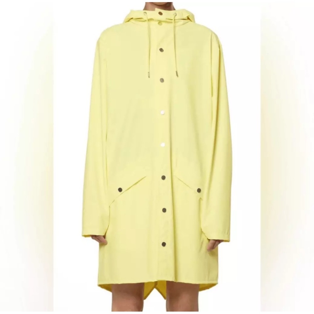 NWT Rains Yellow Matte Long Rain Jacket With Hood. Size Large Unisex